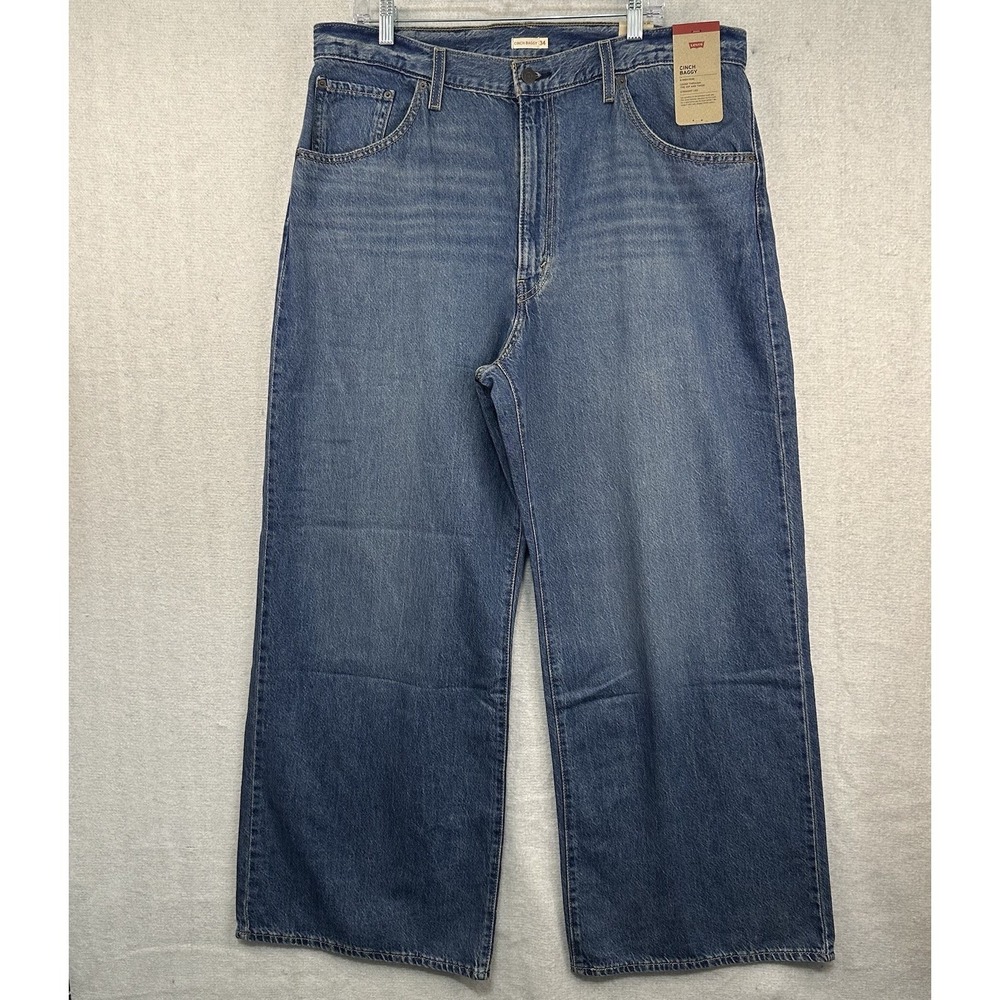 Levi‎ Cinch Baggy Wide Leg Jean Sz 34 High Rise Loose Straight Leg Adj Waist